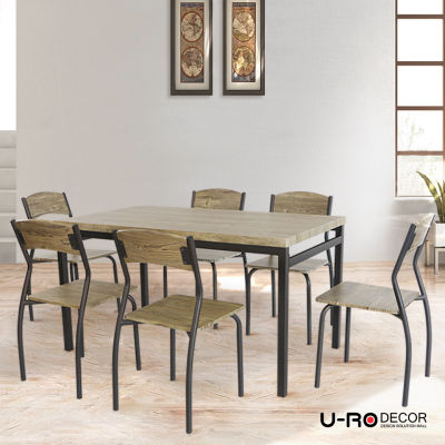 U-RO DECOR รุ่น SONOMA  สีโอ๊ค/ขาสีน้ำตาลเข้ม/จุกสีเทา ชุดโต๊ะรับประทานอาหาร(โต๊ะ 1+เก้าอี้ 6 ตัว) ชุดโต๊ะกินข้าว 6 ที่นั่ง โต๊ะกินข้าว เก้าอี้กินข้าว dining set dining table chair