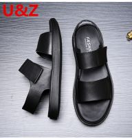 Black Calf Leather Men Sandals  Black Sports Summer Slippers Men Cow leather Sanadls Male Beach Shoes Can Be wear for 10 Years House Slippers