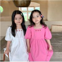 Dress Square Collar Short Sleeve Above Knee Length Pullover Solid Simple Designable Soft Comfortable Summer Children Girls  by Hs2023