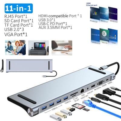 11 In 1 USB C Hub 3.0 S Plitter หลายพอร์ตอะแดปเตอร์ Type C แล็ปท็อปยืน4พัน HDMI เข้ากันได้ RJ45 Sdtf VGA HDMI PD D Ock