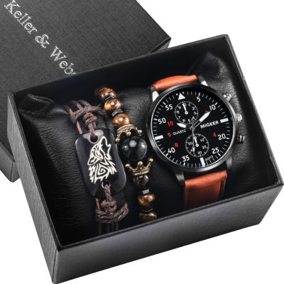 Fashion Watch Gift Set Men Brown Quartz Clock High Quality Leather Band Mens Wrist celet Anniversary Gifts Box for Husband