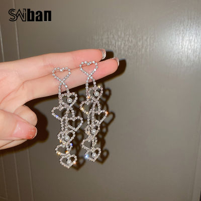 Saiban 925 เงินเข็มยุโรปและอเมริกาเพชรรักต่างหูมุกเกาหลีลมหนาวยาวโอ้อวดต่างหูพู่Earrings925 Silver Needle Europe and America Diamond Love Pearl Earrings Korea Cold Wind Long Exaggerated Stud Earrings Tassel Earrings