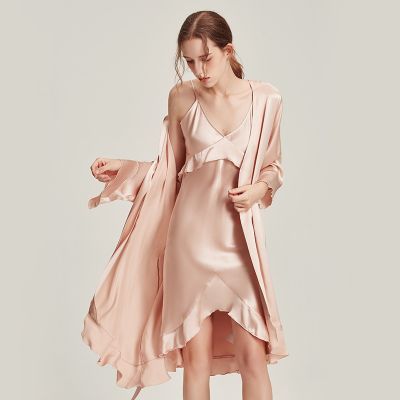 6A Mulberry Silk Pajamas And Nightdress Sets Women Solid Color Satin Knee-Length Robe Sets With Ruffled Full Sleeve Sexy Gowns