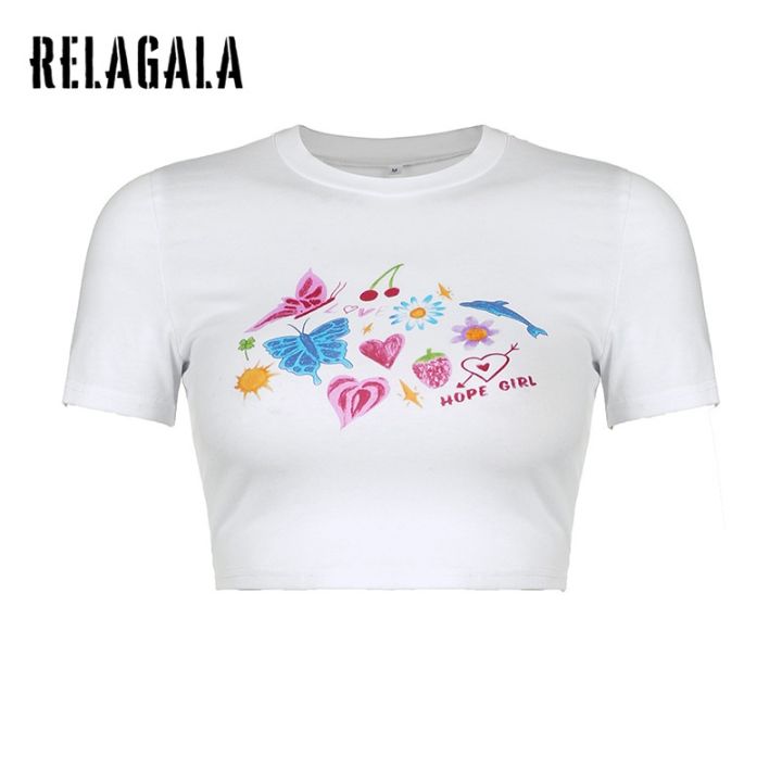 relagala-เสื้อยืดแขนสั้น-พิมพ์ลายผีเสื้อ-ปลาโลมา-สีพื้น-สําหรับผู้หญิง