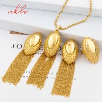 【lz】☑∈✲  Conjunto De Jóias De Luxo Da Cor do Ouro Para Mulheres Colar Clássico Brincos Anéis Dubai Etíope Tendência Da Moda Africana Novo