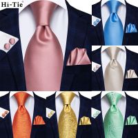 ☏ Hi-Tie Coral Gold Light Blue Solid Design Silk Wedding Tie For Men Quality Hanky Cufflink Fashion Men Tie Business Dropshipping