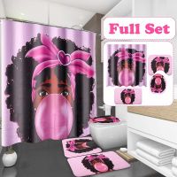 ┇ 1/3/4Pcs Shower Curtain Africa Girls Waterproof Shower Curtain 3D Printed Polyester Non-Slip Rug Toilet Cover Bath Mat Set