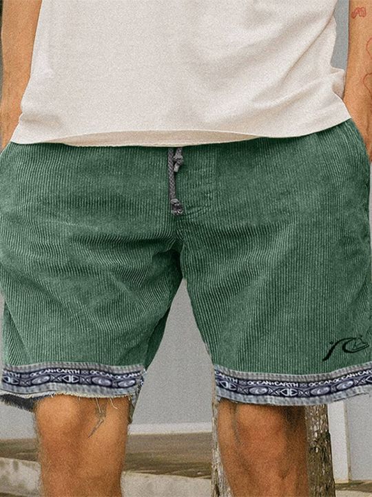 กางเกงผ้าลูกฟูกสำหรับผู้ชายกางเกงขาสั้นเล่นเซิร์ฟวิ่งชายหาดลำลองมีกระเป๋าสั้นฤดูร้อน