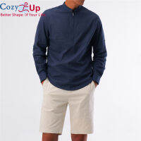 Cozy แขนยาวผู้ชายเสื้อเชิ้ตสีทึบซิป Slim ผ้าฝ้ายผ้าลินิน