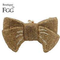 Boutique De FGG Novelty Women Bow Clutch Crystal Evening Bags Hard Case Metal Minaudiere Rhinestone Handbags Wedding Party Purse