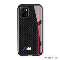 เคสโทรศัพท์สำหรับ Vivo Y15S/Y15A,เคสโทรศัพท์โลโก้รถแข่งที่มีชื่อเสียงเคสหลังกระจกนิรภัยคาร์บอนไฟเบอร์ดีไซน์ลายขวางสำหรับเด็กผู้ชาย