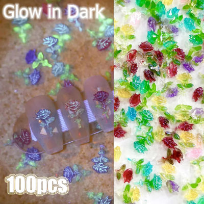 ดอกกุหลาบสีสวยกลิตเตอร์เรซิ่นขนาดเล็กสำหรับเครื่องรางศิลปะเล็บอุปกรณ์ตกแต่งเล็บเรืองแสง100ชิ้น