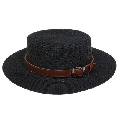 [COD] leather streamer flat top straw hat womens summer outing sunscreen holiday fashion all-match