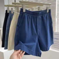 Celana Pendek Denim ลำลองทรงหลวมสำหรับผู้หญิงกางเกงขาม้าเอวสูงทรงเอไลน์ความยืดหยุ่นสูงและเข้ารูปใส่ได้หลายโอกาสสำหรับฤดูร้อน Shan40