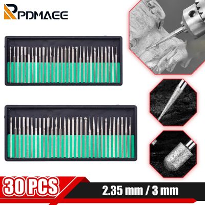 30Pcs Diamond Grinding Burr Needle Point Engraving Carving Polishing For Glass Jade Stone 2.35/3mm Drill Bit Rotary Tool Set