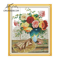 Crossdecor Cross Stitch ชุดด้วยวัสดุชุดดอกไม้พิมพ์11CT 14CT ประทับตราผ้าปักปักชุด Diy Dmc Craft Handmade Home ตกแต่งสำหรับ Sala Wall-ดอกกุหลาบที่มีสีสัน