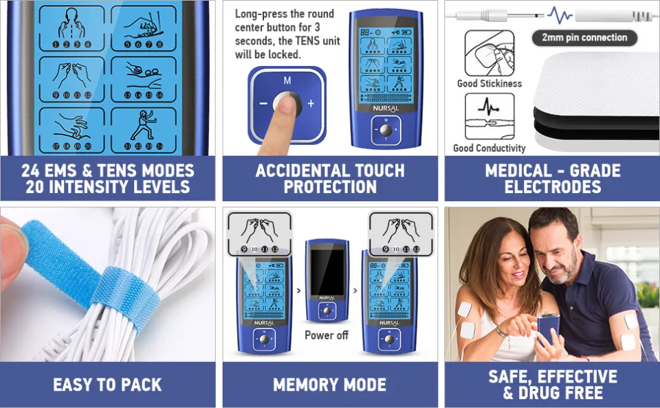 NURSAL TENS EMS Unit Muscle Stimulator for Pain Relief Therapy, Electric 24  Modes Dual Channel TENS Machine Pulse Massager with 12 Pcs Electrode  Pads/Continuous Stable Mode/Memory Function Blue