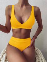 HOT 2021 hot style y V-neck Pit Stripe Fabric Bikini High Waist Split Swimsuit Terno Swimwear a set