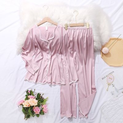 Ice Silk Solid Color Pyjamas Womens Spring And Summer New Long Sleeve Suit Pajama Set