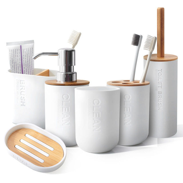 6Pcs Bamboo Bathroom Accessories Sets Toothbrush Holder Soap Dispenser Toilet Brush Bathroom Set Bathroom Decoration Accessories