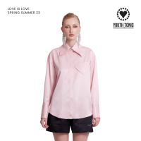 YOUTH TONIC - Heart - Shaped Shirt in Pink / เสื้อเชิ๊ต เทเลอร์ ทรงหลวม  ปกใหญ่ แต่ง กระเป๋า หัวใจ สีชมพู