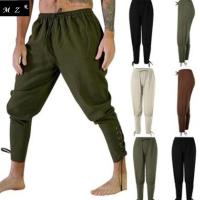 Men Halloween Medieval Viking Pirate Costume Lace-Up Pants Larp Cosplay Celtic Trousers Outfit Tie-Up Cotton Pants Plus Size