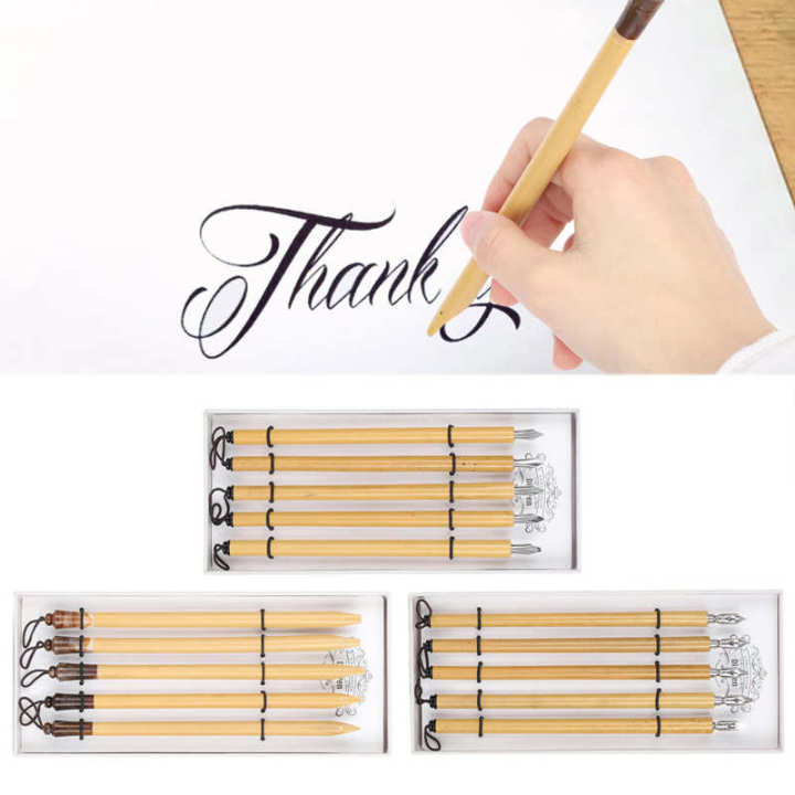 5ชิ้นปากกาจุ่มทำด้วยมือการประดิษฐ์ตัวอักษรตัวการ์ตูนไม้ไผ่ชุดระบายสีวินเทจอุปกรณ์ของขวัญโรงเรียน