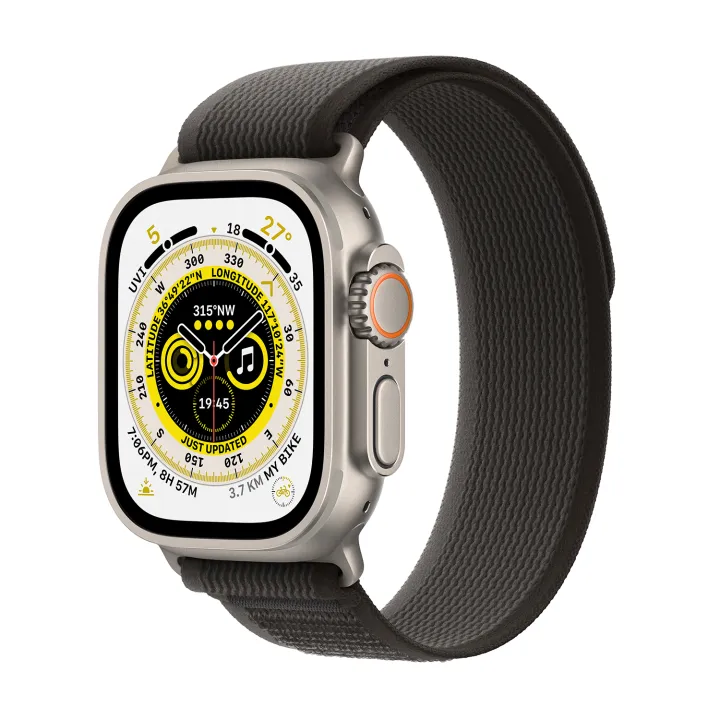 Apple Watch Ultra GPS + Cellular, 49mm Titanium Case - Black/Grey Trail Loop - S/M MQFW3ZP/A