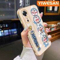 YIWESAN เคสสำหรับ A17 OPPO A17K ลายการ์ตูนโดราเอมอนบางหรูหราลายขอบสี่เหลี่ยมเคสมือถือชุบโลหะกันกระแทกเคสนิ่มคลุมทั้งหมดป้องกันเลนส์กล้อง