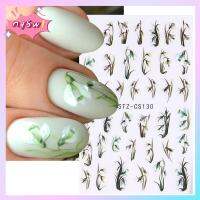 NQSW ทำเล็บมือ ฤดูใบไม้ผลิ เสน่ห์ สีขาวสีเขียว ดอกไม้หิมะ 3D galanthus สติกเกอร์ติดเล็บ