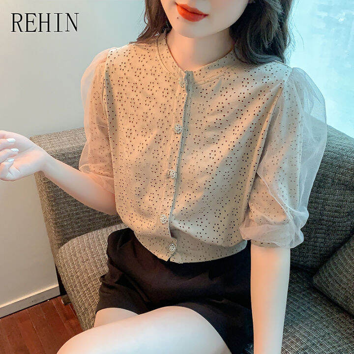 rehin-เสื้อเชิ้ตแขนสั้นตาข่ายลายฉลุถักของผู้หญิง-เสื้อสตรีหรูหราเวอร์ชันเกาหลีดีไซน์ใหม่ฤดูร้อน