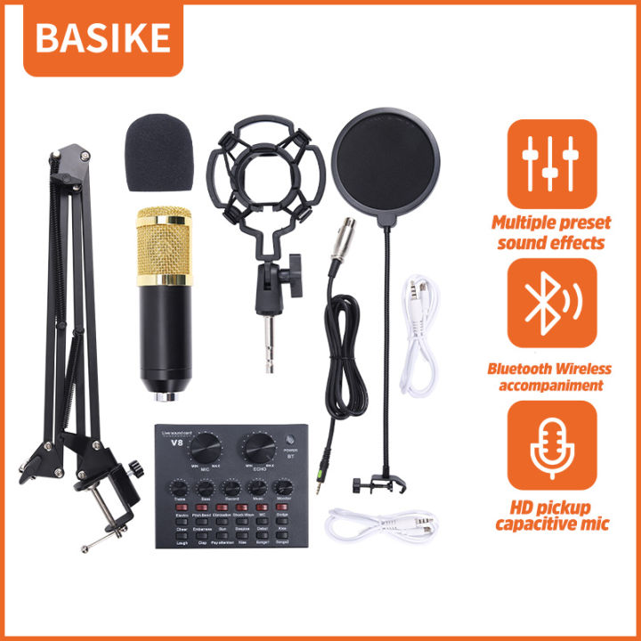 basike-แท้-ไมค์อัดเสียง-ไมค์-คอนเดนเซอร์-v8-pro-condenser-microphone-bm800-พร้อม-ขาตั้งไมค์โครโฟน-และอุปกรณ์ชุดถ่ายทอดสดการ์ดเสียง-v8-bm800-การ์ดเสียง-live-การ์ดเสียงถ่ายทอดสด-ชุดหูฟังการ์ดเสียงภายนอก