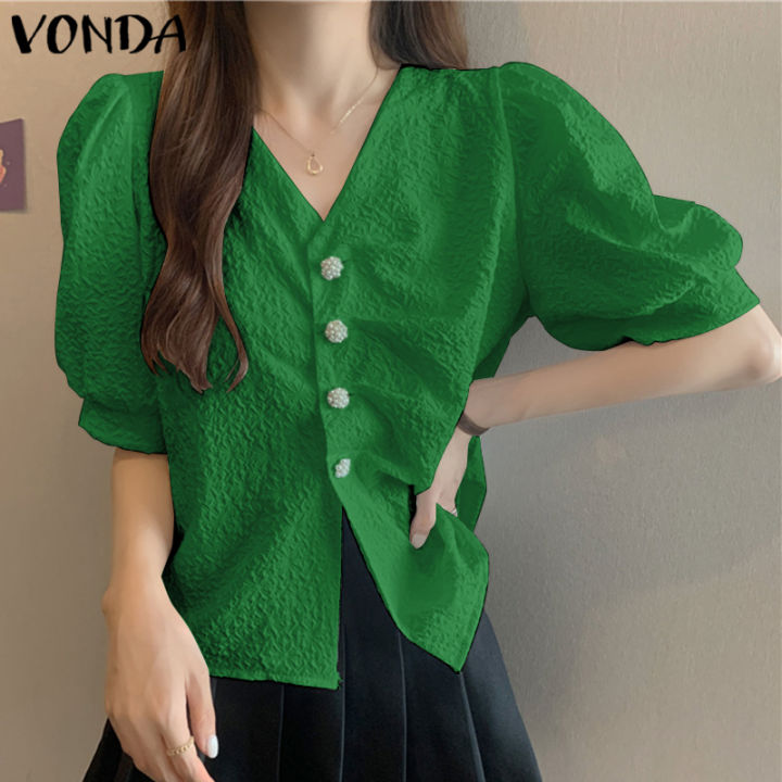 จัดส่งฟรี-fancystyle-vonda-women-s-elegant-v-collar-tops-solid-simple-short-sleeve-casual-blouses