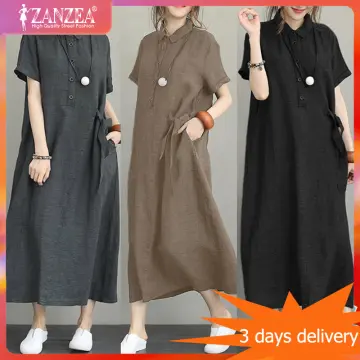 3 Days Delivery] HijabFab ZANZEA Korean Style Women Belted Waist Sundress  Lace Up Summer Short Sleeve Plain Office Loose Midi Dress #8