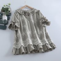 A girl of lotus leaf lace collar lace short-sleeved cotton and linen shirt female heavy industry embroidered dolls unlined upper garment relaxed joker literature