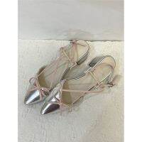 COD Cold Pink silver bow retro shallow mouth cross belt thick heel toe sandals womens summer