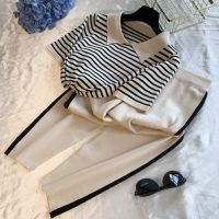 SMTHMA Two Piece Set Women Summer Knitted Striped Short Sleeve T Shirts Stretch Waist Full Length Pants