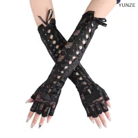 YUNZE ถุงมือตาข่ายถักลูกไม้ลายดอกไม้เซ็กซี่ยาวถึงศอกครึ่งถุงมือแบบเปิดครึ่งนิ้วสีดำสำหรับงานปาร์ตี้เต้นรำถุงมือตาข่ายที่ไม่มีนิ้ว