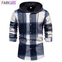 Mens Plaid Checked Hoodie Flannel เสื้อแจ็คเก็ตลำลองปุ่มลงแขนยาวน้ำหนักเบาปกติ Fit Hooded Shacket แจ็คเก็ต2XL