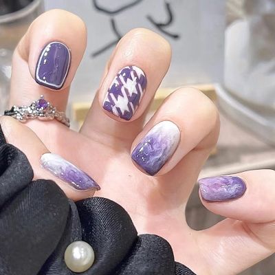 [COD] purple smudged wearable nails whitening all-match short fake Internet celebrity live broadcast popular nail art patches