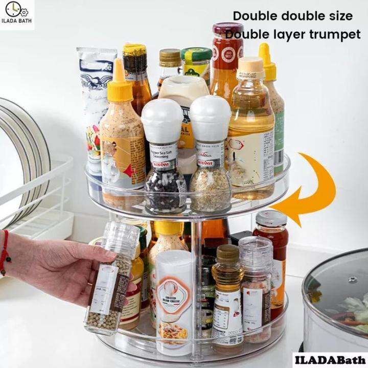 2 Tier Turnable Organizer Clear Rotating Spice Rack Large