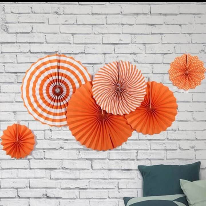 6 in 1 orange colour paper fan flower decoration set birthday party