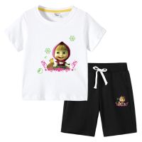 Masha And The Bear Set for Kids Baby Girls 1 2 3 4 5 6 7 8 เสื้อยืดผ้าฝ้ายแขนสั้นแขนสั้น + กางเกงขาสั้นกางเกงเสื้อผ้าเด็ก