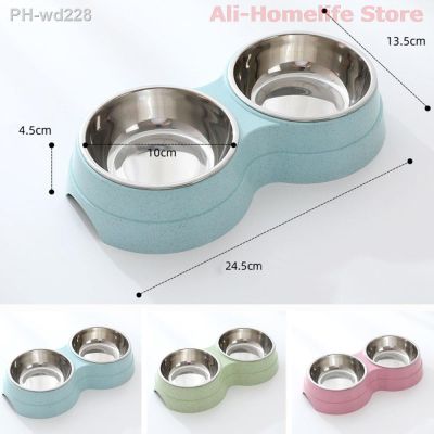 Double Dog Bowl Stainless Steel Drinking Water Pet Food Feeder Bowls Plastic Dish Cat Puppy Kitten Feeding Supplies Accessories