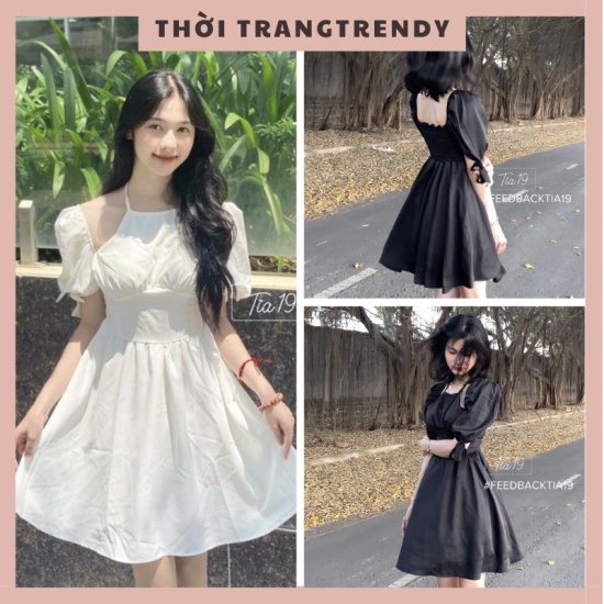 Đầm trắng dáng xòe cổ vuông 6 nút cườm vai tay nơ | Shopee Việt Nam