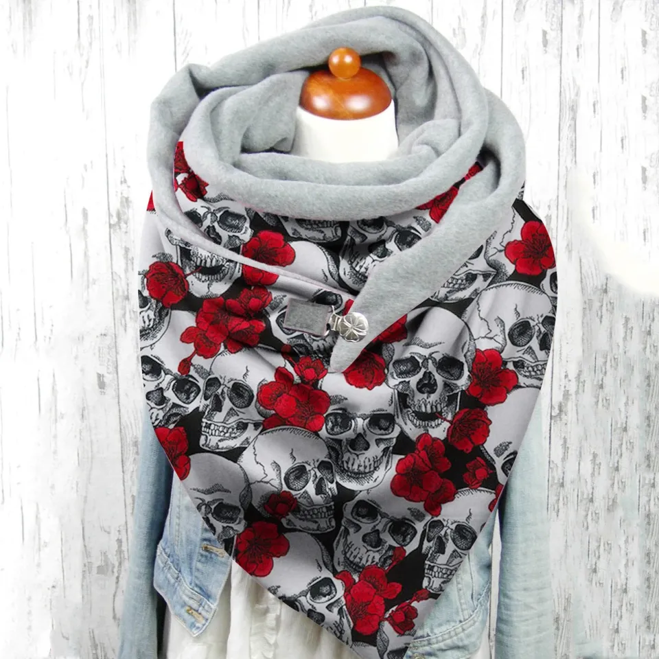 Womens Halloween Scarf Winter Print Button Soft Wrap Casual Warm