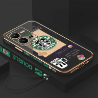 เคสเคสมือถือสำหรับ Vivo V25 5G พร้อมฟรีสายคล้อง + โลโก้ Starbucks แฟชั่นชุบขอบสี่เหลี่ยมฝาหลังนิ่ม