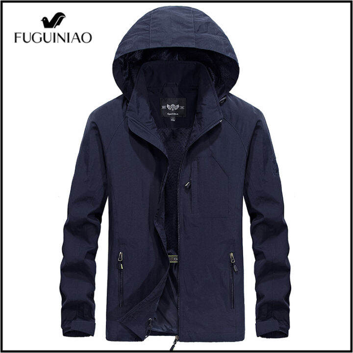 rlfuguiniao-เสื้อแจ็คเก็ตมีฮู้ดผู้ชาย-แจ็คเก็ตกันน้ำเปลือก