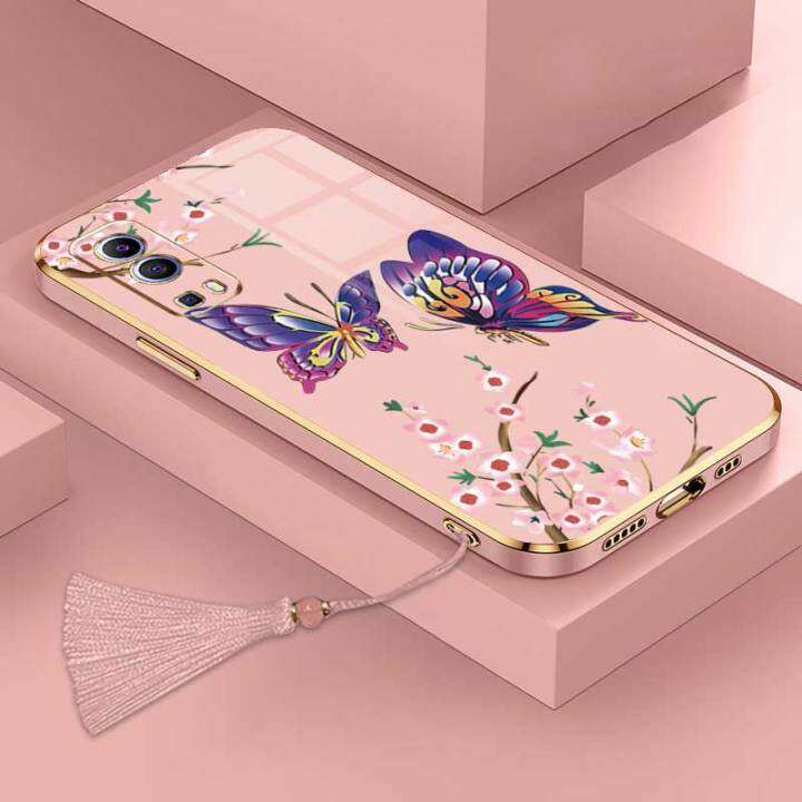 เคสสำหรับ-vivo-y72-5g-iq00-z3ผีเสื้อที่สวยงามหรูหราพร้อมกล้องดอกไม้เคสโทรศัพท์ขอบชุบเคสซิลิโคนนิ่มพร้อมฟรีสายคล้อง