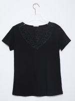 Rosewood Lace T-Shirt Women V Neck Short Sleeve Chic Elegant T Shirt Tshirt Femme  Summer Clothing Tops Tee Shirt Fashion